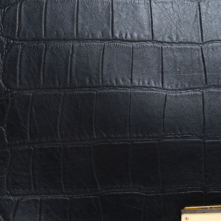 Pre Owned Celine Black Croc Embossed Leather and Suede Medium Trapeze Bag