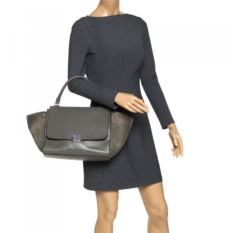 Pre Owned Celine Olive Green Leather and Suede Medium Trapeze Bag