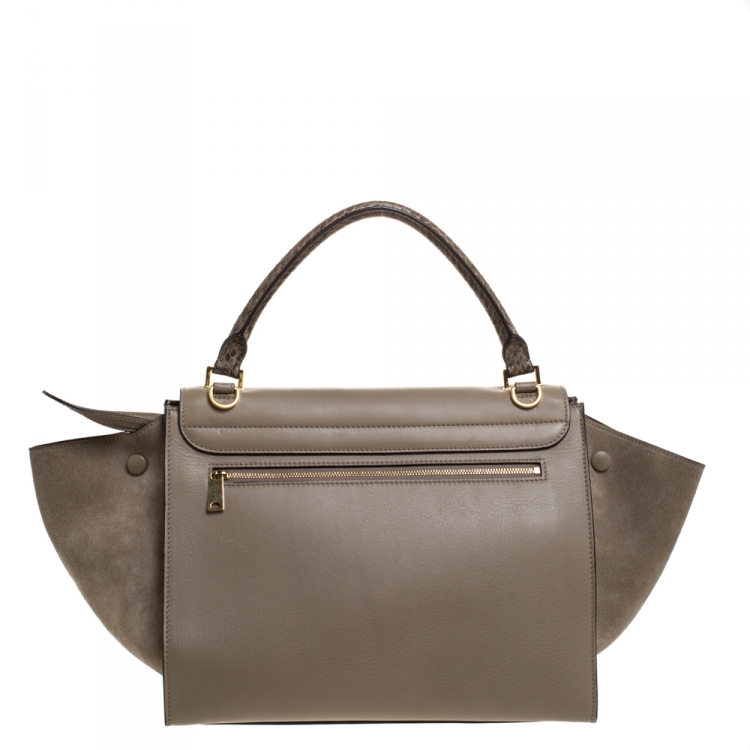 Pre Owned Celine Beige Leather and Suede Python Handle Medium Trapeze Bag