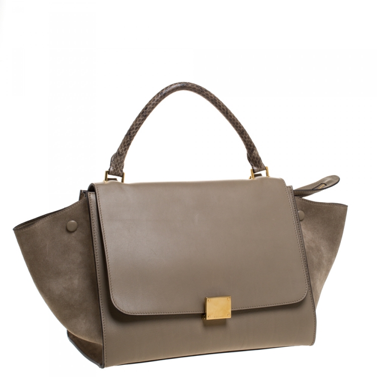Pre Owned Celine Beige Leather and Suede Python Handle Medium Trapeze Bag