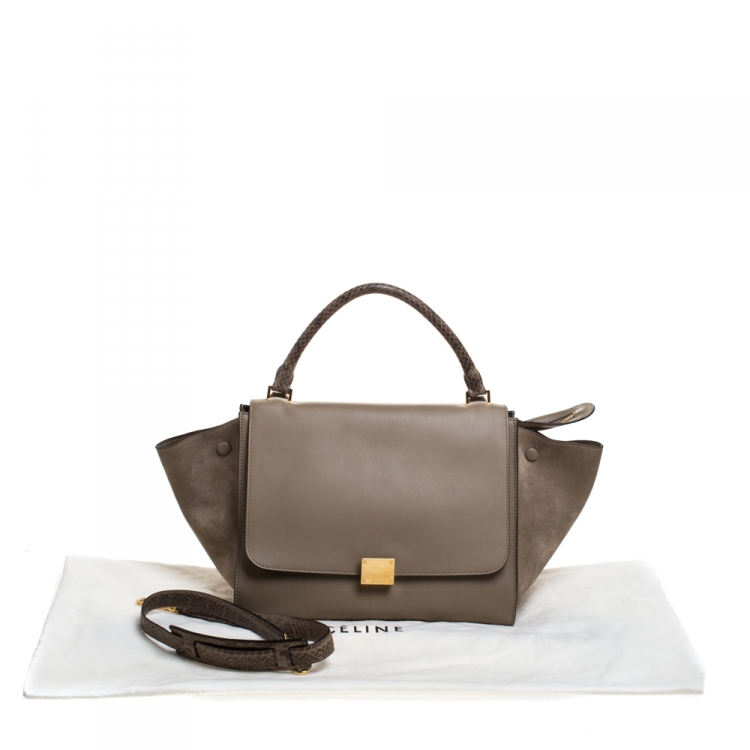 Pre Owned Celine Beige Leather and Suede Python Handle Medium Trapeze Bag
