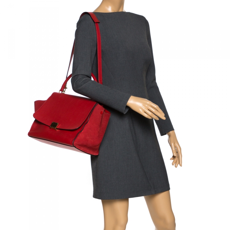 Pre Owned Celine Red Leather and Suede Medium Trapeze Bag