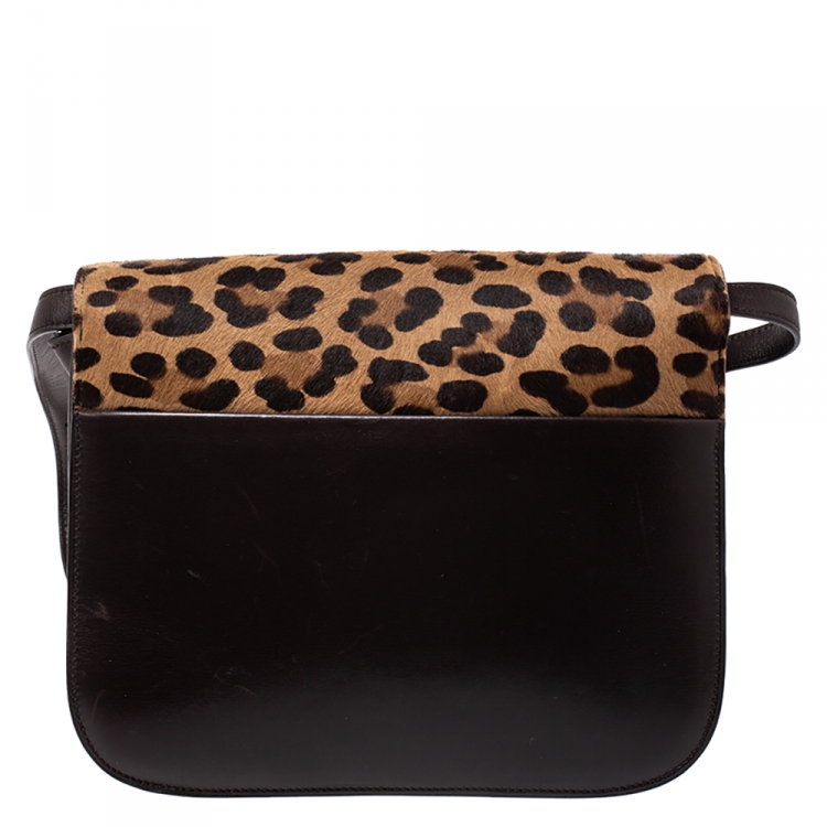 Pre Owned Celine Brown Leopard Print Leather and Calfhair Medium Classic Box Shoulder Bag