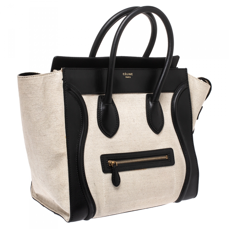 Pre Owned Celine Beige/Black Canvas and Leather Mini Luggage Tote