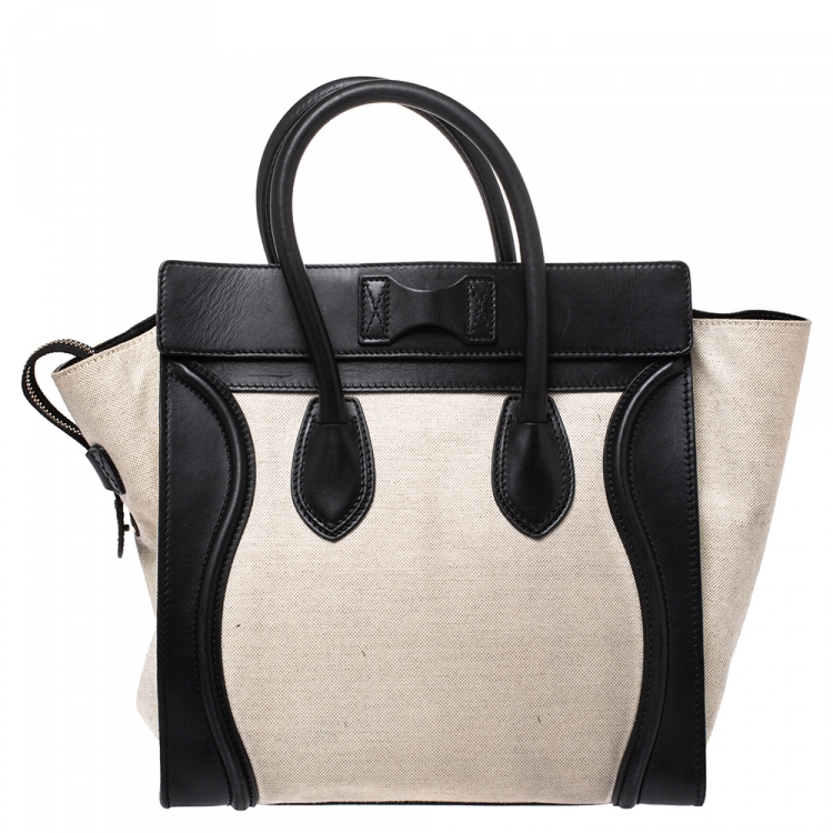 Pre Owned Celine Beige/Black Canvas and Leather Mini Luggage Tote