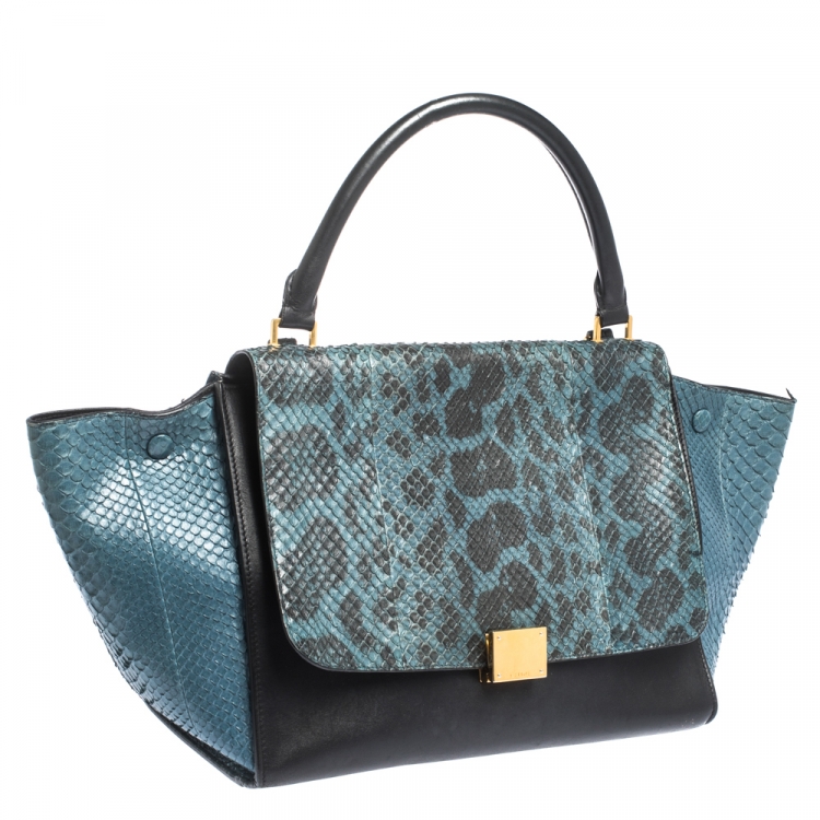 Pre Owned Celine Blue/Black Python and  Leather Medium Trapeze Bag