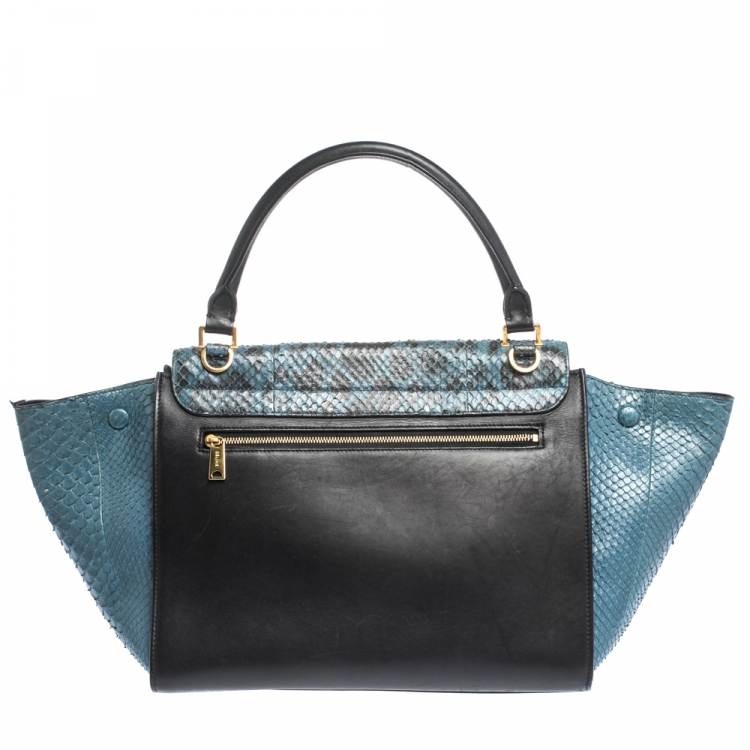 Pre Owned Celine Blue/Black Python and  Leather Medium Trapeze Bag