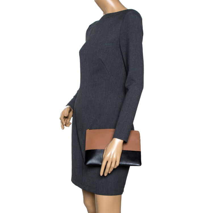 Pre Owned Celine Tan/Black Leather Solo Clutch Pouch