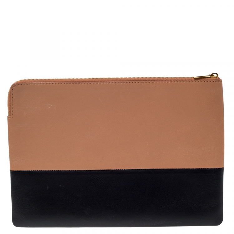 Pre Owned Celine Tan/Black Leather Solo Clutch Pouch