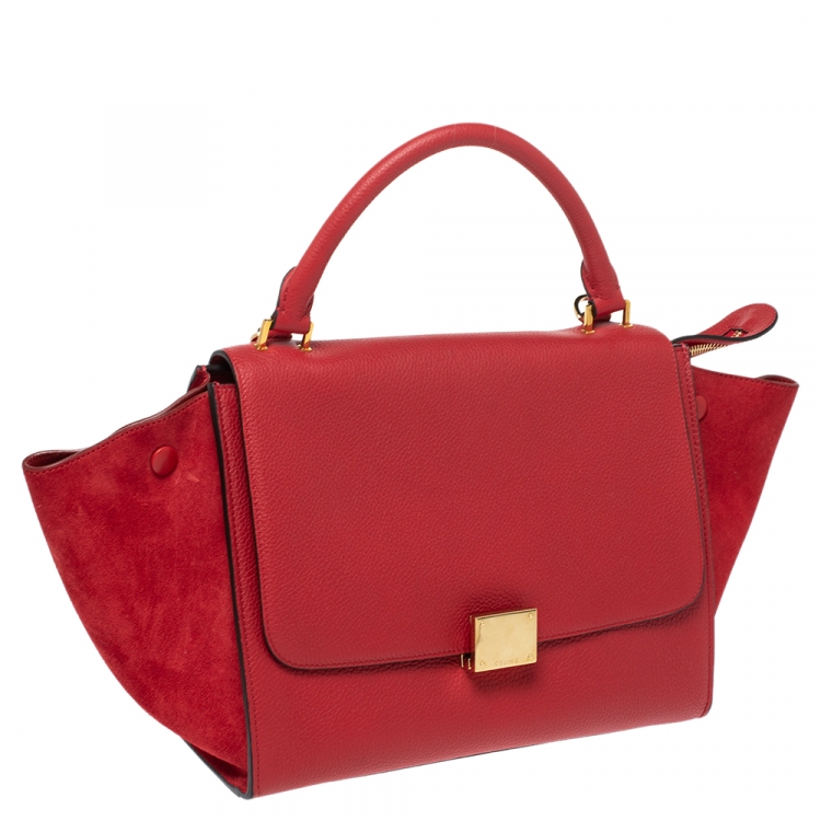 Pre Owned Celine Red Leather and Suede Small Trapeze Bag