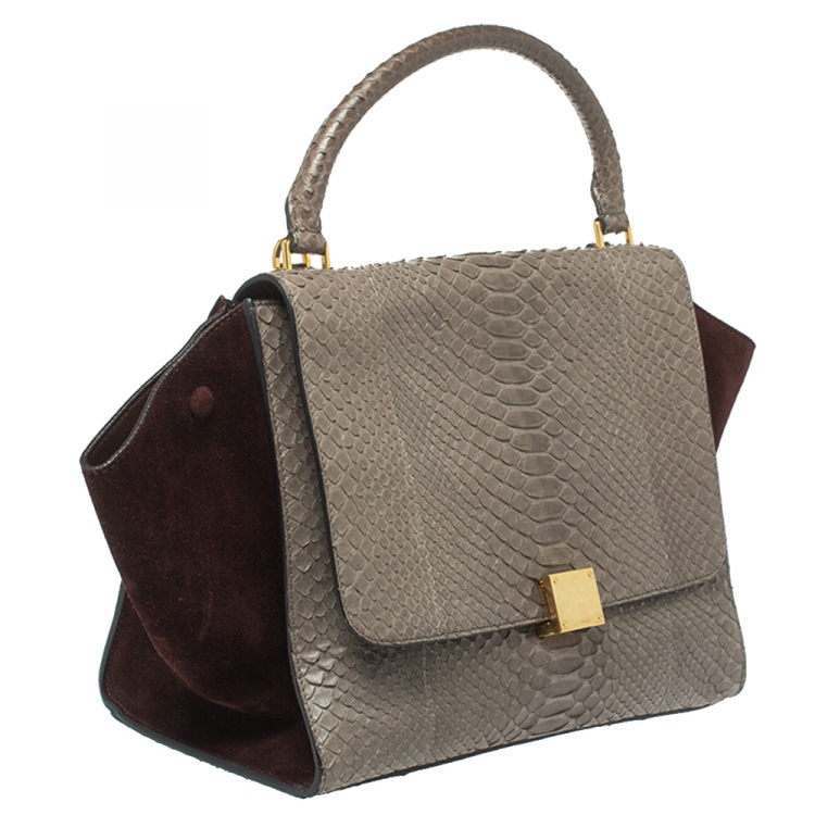 Pre Owned Celine Grey/Maroon Python and Suede Medium Trapeze Bag