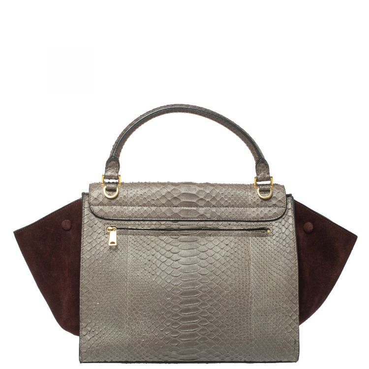 Pre Owned Celine Grey/Maroon Python and Suede Medium Trapeze Bag