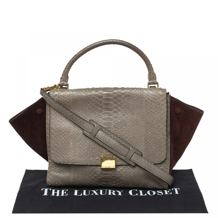 Pre Owned Celine Grey/Maroon Python and Suede Medium Trapeze Bag