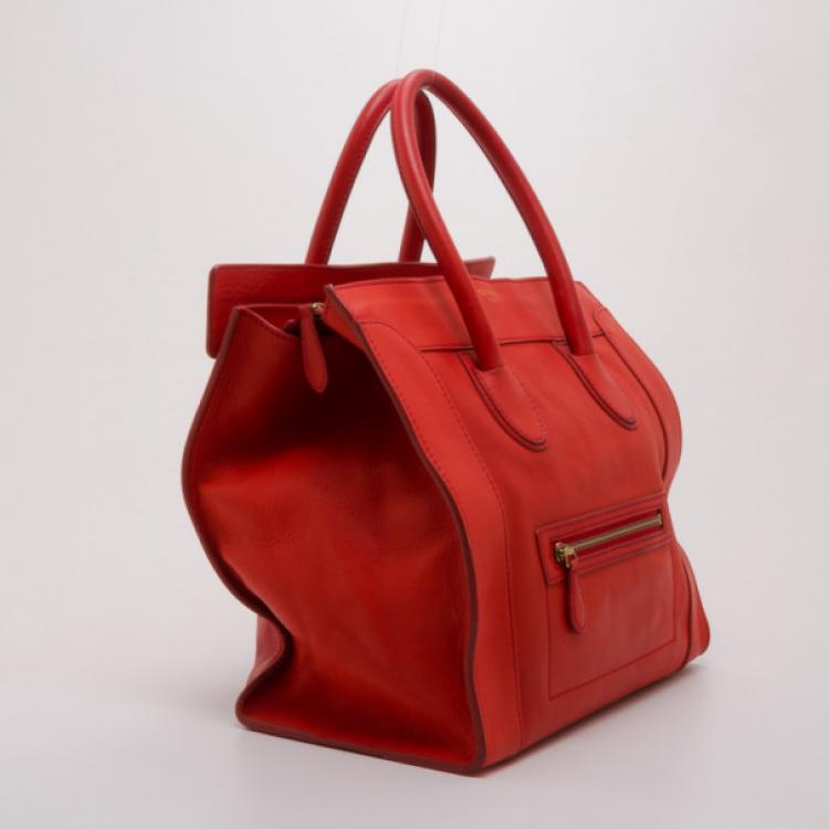 Pre Owned Celine Vermillion Red Buffalo Leather Mini Luggage Tote