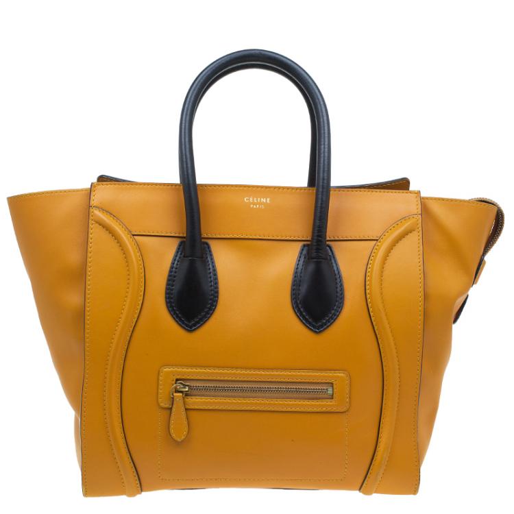 Pre Owned Celine Tan Black Handle Leather Mini Luggage Tote