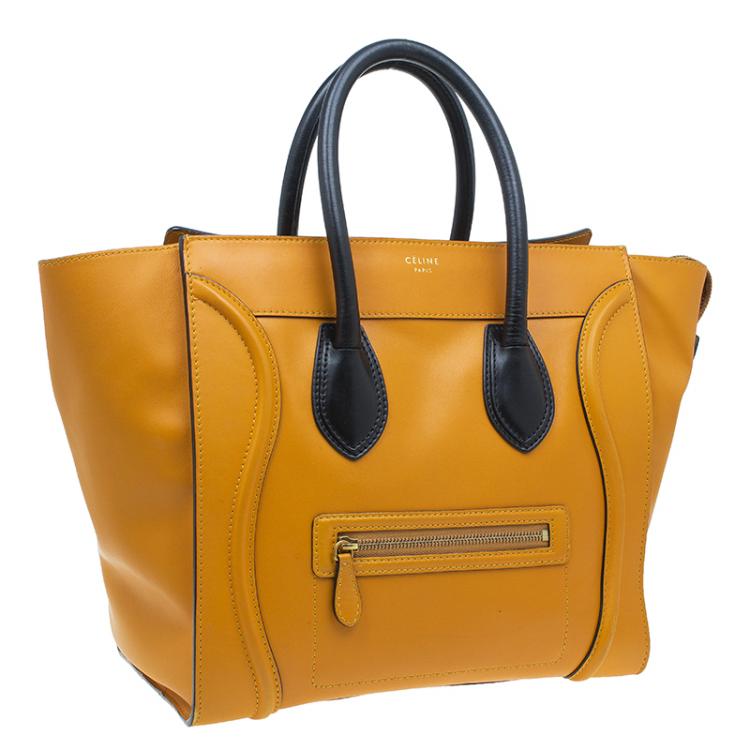 Pre Owned Celine Tan Black Handle Leather Mini Luggage Tote