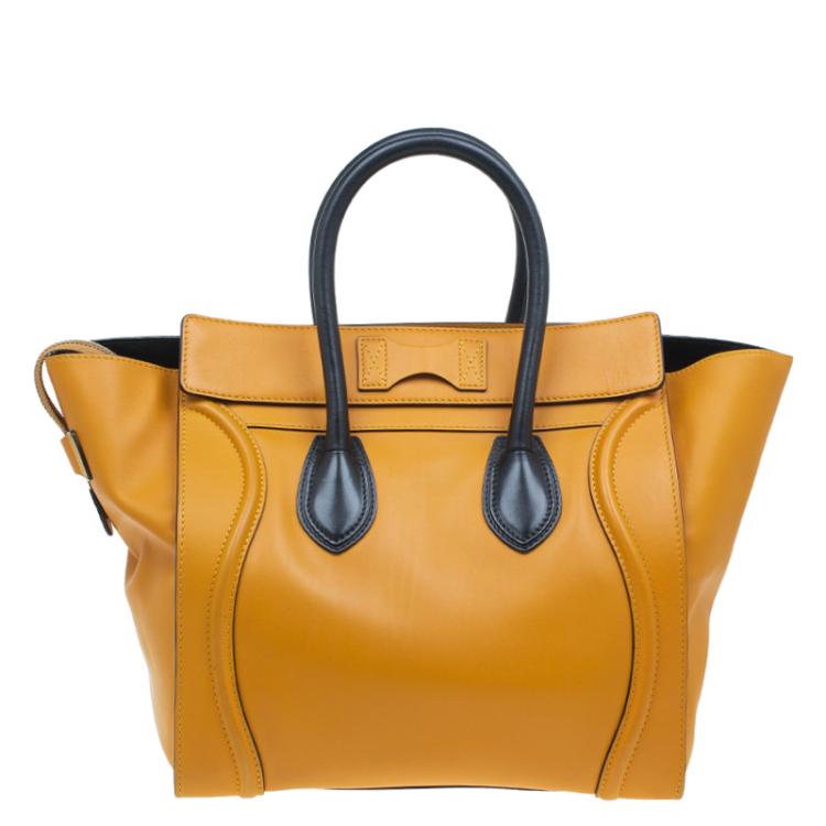 Pre Owned Celine Tan Black Handle Leather Mini Luggage Tote