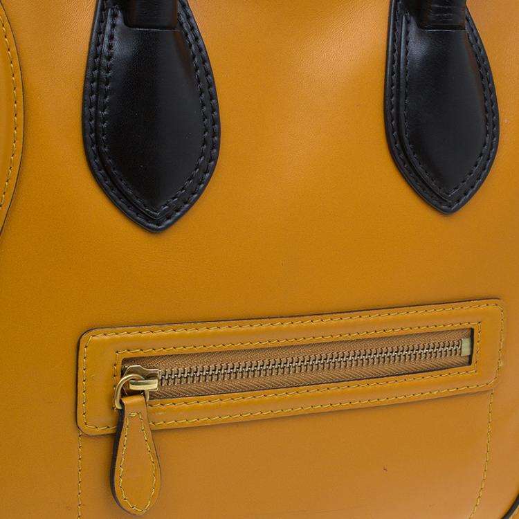 Pre Owned Celine Tan Black Handle Leather Mini Luggage Tote