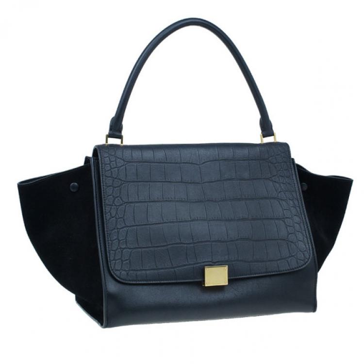 Pre Owned Celine Black Leather Embossed Crocodile Large Trapeze