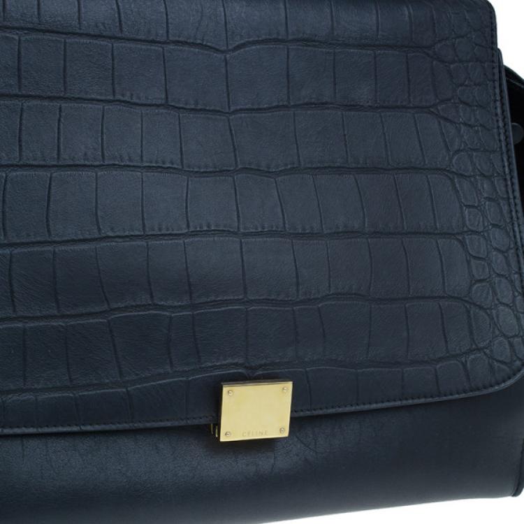 Pre Owned Celine Black Leather Embossed Crocodile Large Trapeze