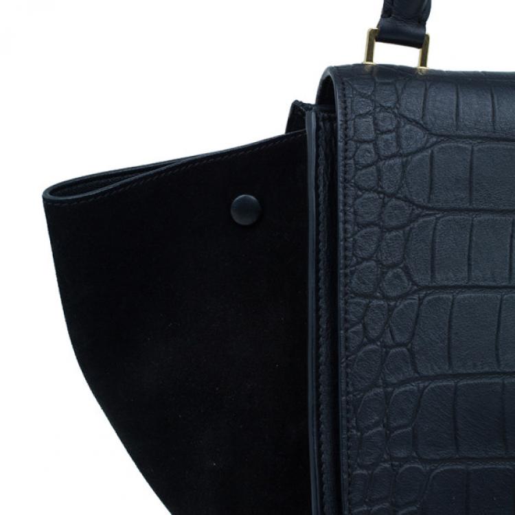 Pre Owned Celine Black Leather Embossed Crocodile Large Trapeze