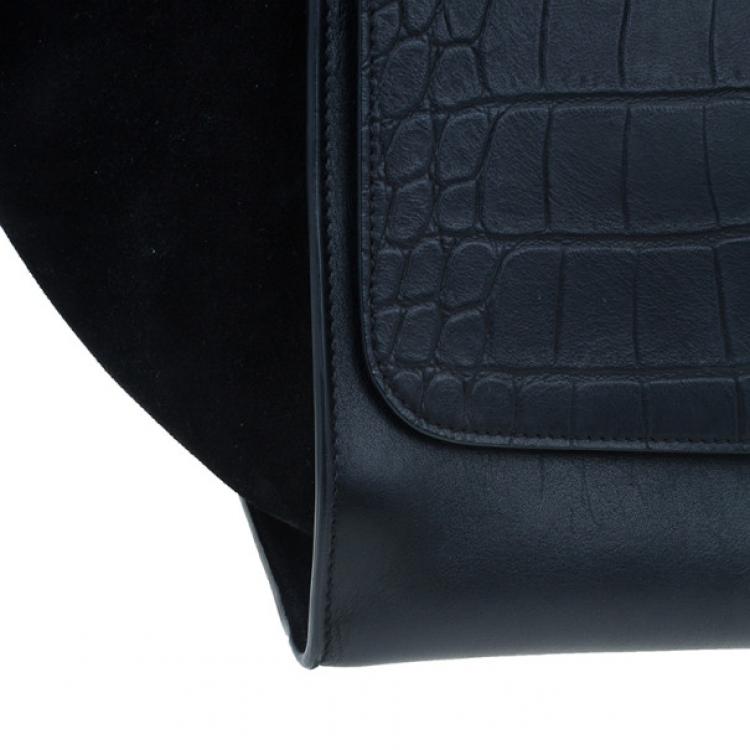 Pre Owned Celine Black Leather Embossed Crocodile Large Trapeze