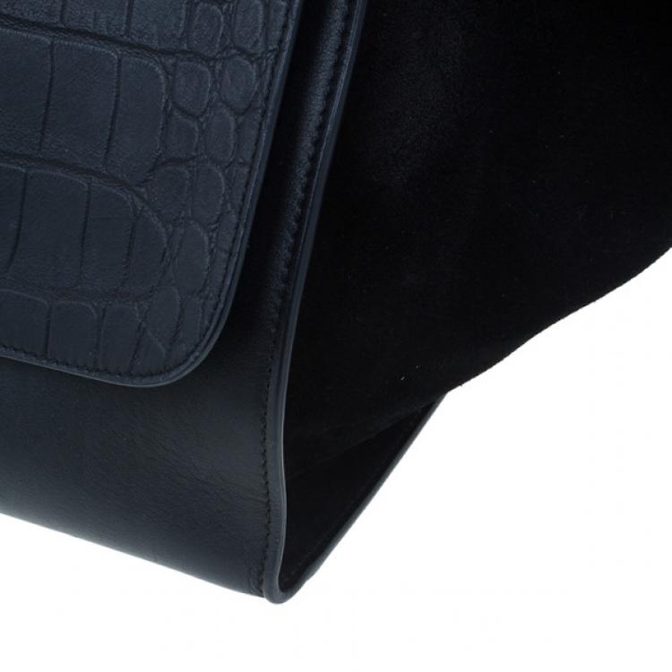 Pre Owned Celine Black Leather Embossed Crocodile Large Trapeze