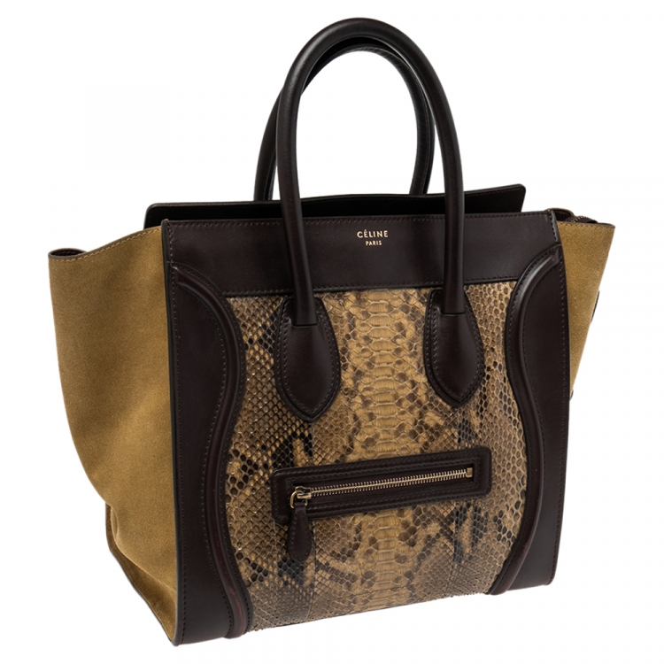 Pre Owned Celine Multicolor Embossed Python, Suede and Leather Mini Luggage Tote