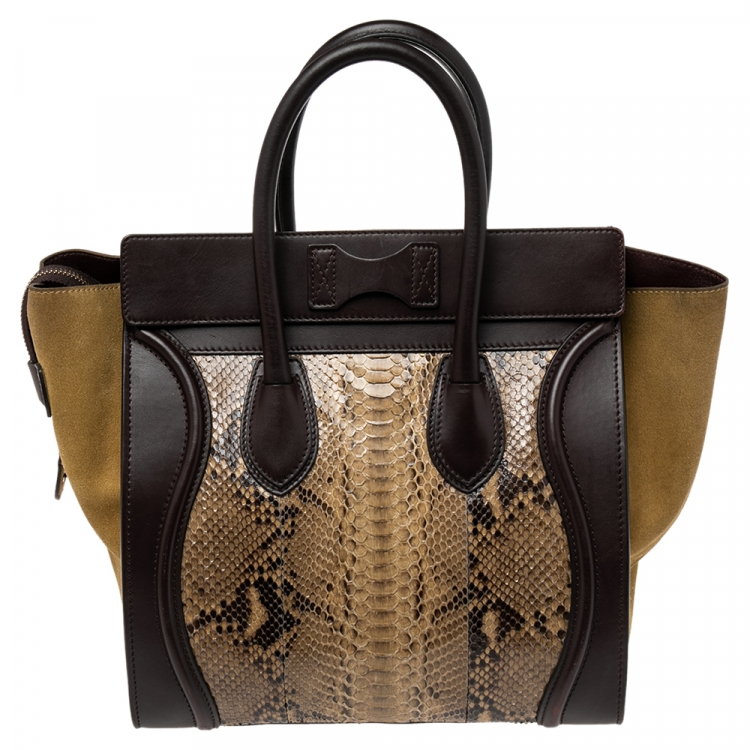Pre Owned Celine Multicolor Embossed Python, Suede and Leather Mini Luggage Tote