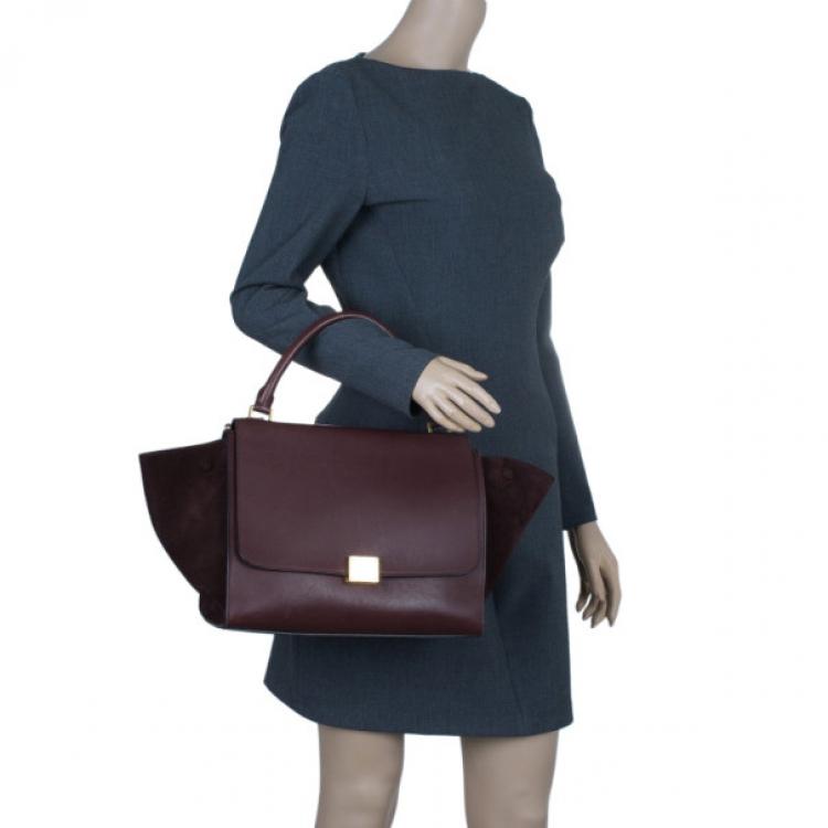 Pre Owned Celine Burgundy Leather and Suede Medium Trapeze Bag