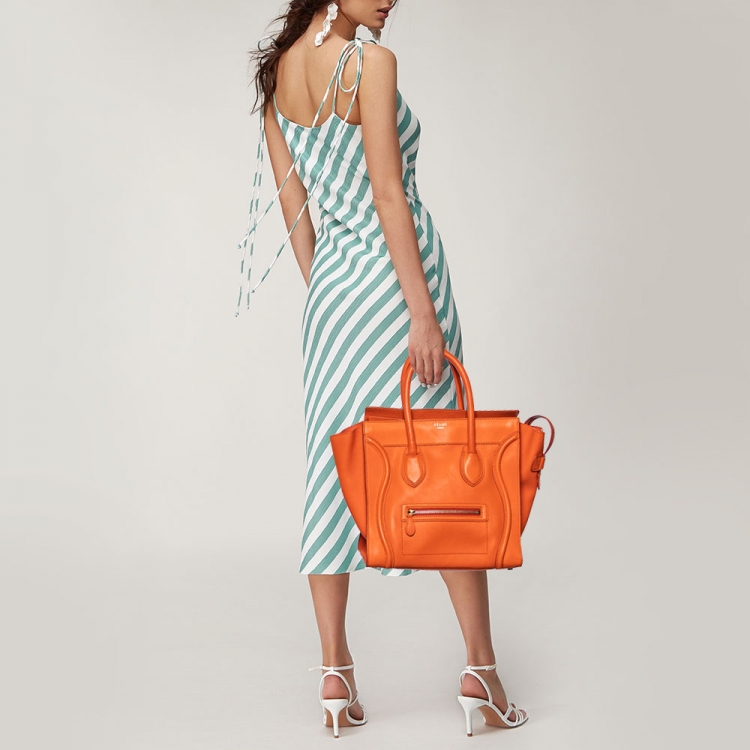 Pre Owned Celine Orange Leather Mini Luggage Tote