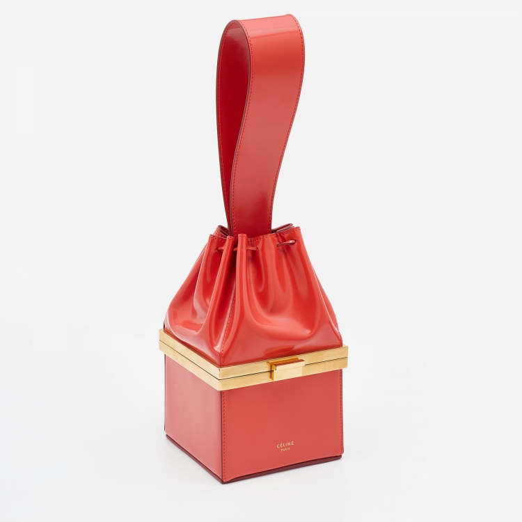 Pre Owned Celine Orange Patent Leather Box Clasp Bucket Bag