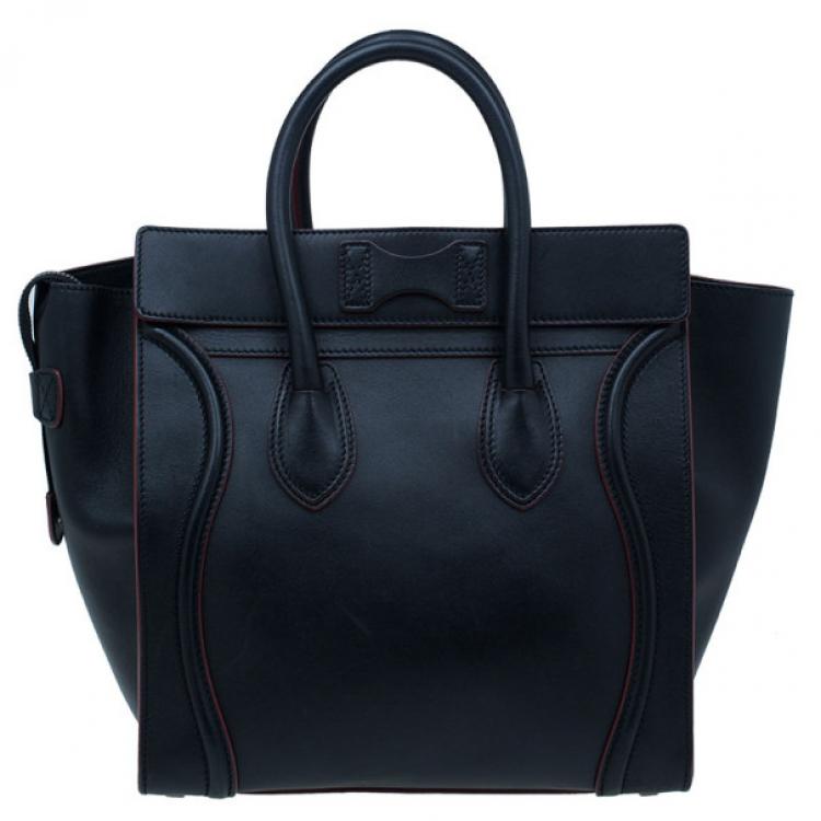 Pre Owned Celine Black and Red Trim Leather Mini Luggage Tote