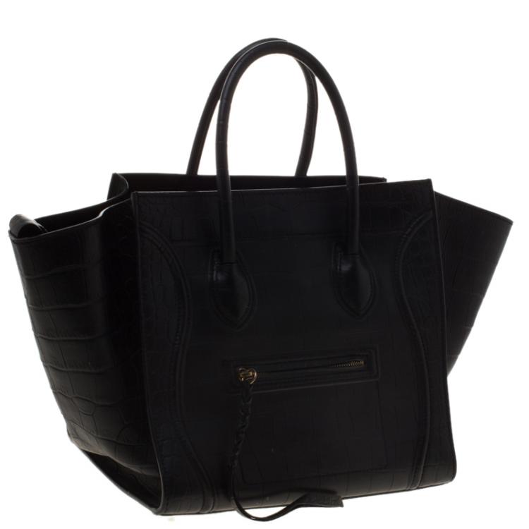 Pre Owned Celine Black Croc Embossed Leather Medium Phantom Luggage Tote