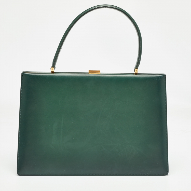 Pre Owned Celine Green Leather Medium Clasp Top Handle Bag