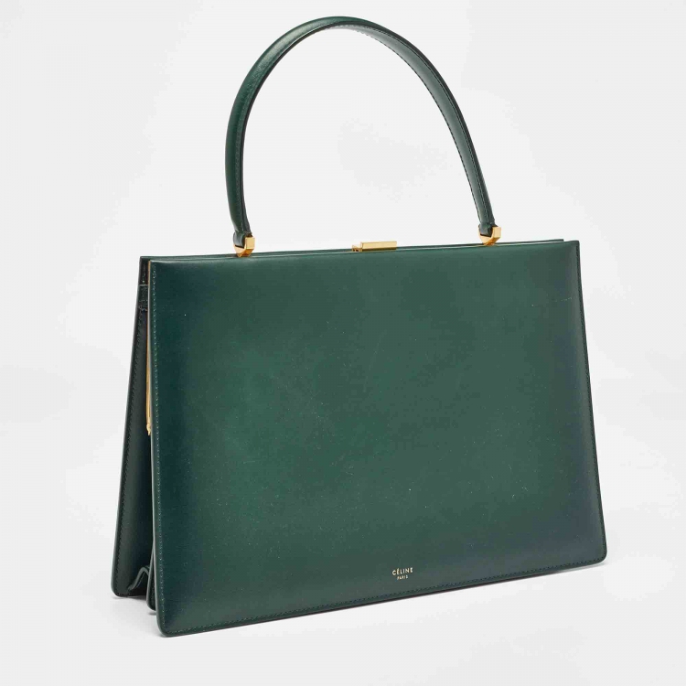 Pre Owned Celine Green Leather Medium Clasp Top Handle Bag