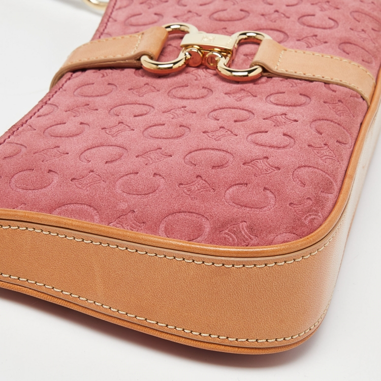 Pre Owned Celine Pink/Tan Macadam Suede and Leather Baguette Bag
