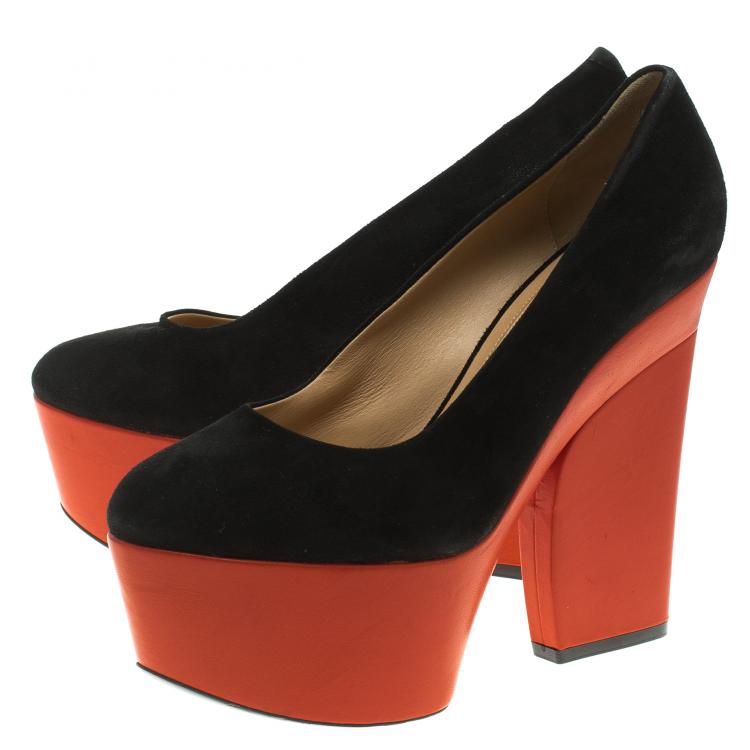 Pre Owned Celine Two Tone Suede Platform Pumps Size 38