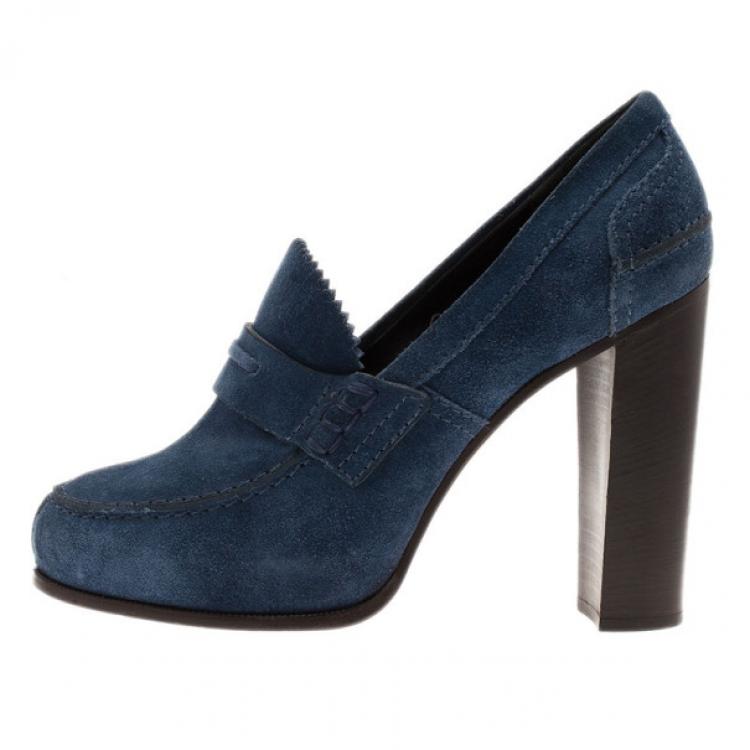 Pre Owned Celine Blue Suede Loafer Platform Pumps Size 38