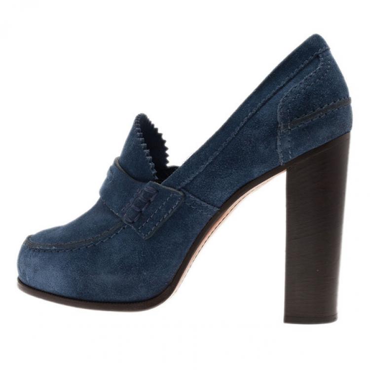 Pre Owned Celine Blue Suede Loafer Platform Pumps Size 38