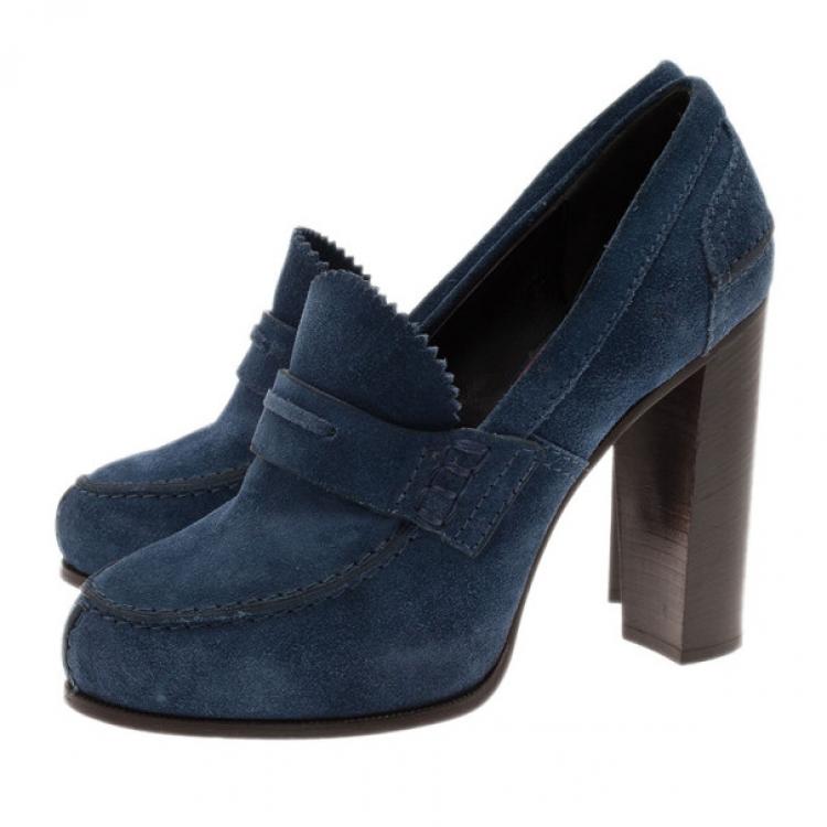 Pre Owned Celine Blue Suede Loafer Platform Pumps Size 38