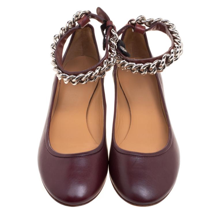 Pre Owned Celine Chocolate Brown Leather Chain Strap Ballet Flats Size 39