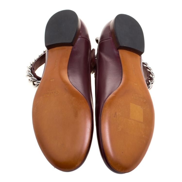 Pre Owned Celine Chocolate Brown Leather Chain Strap Ballet Flats Size 39