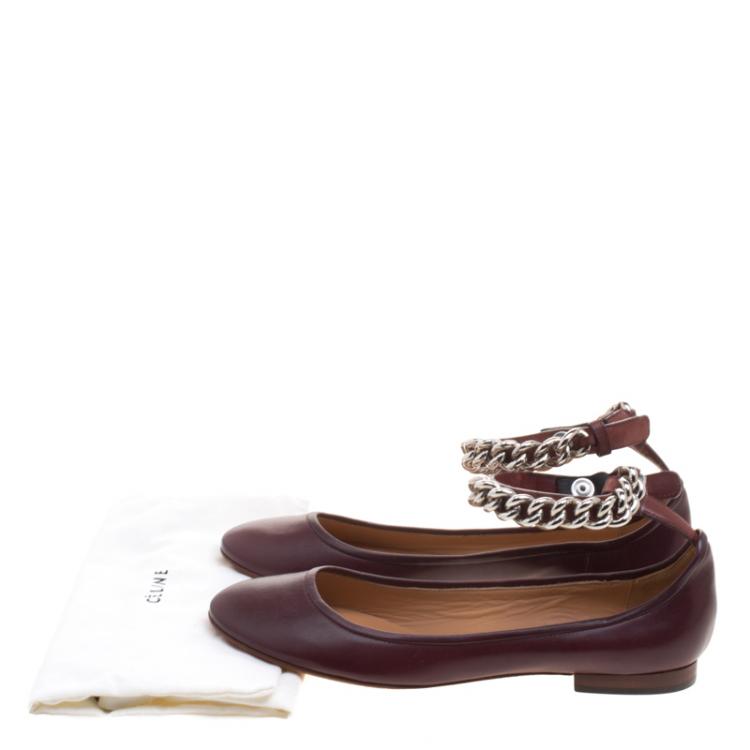 Pre Owned Celine Chocolate Brown Leather Chain Strap Ballet Flats Size 39
