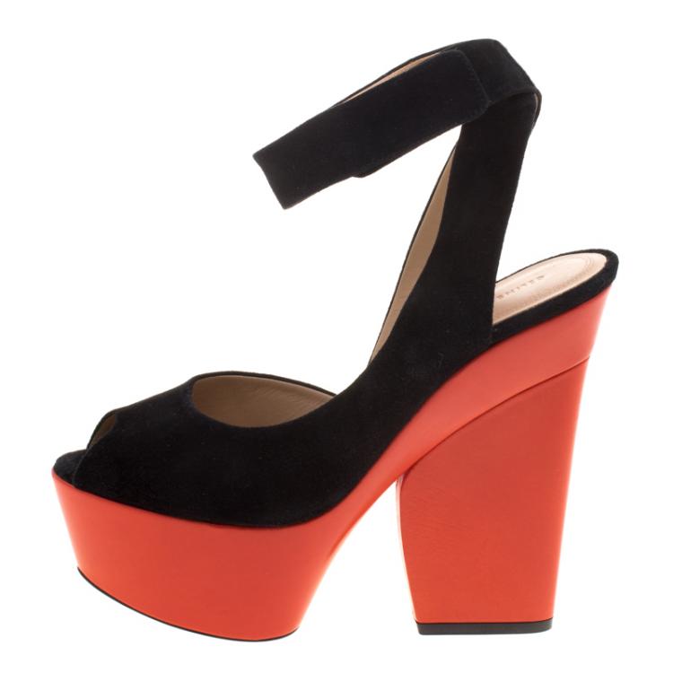 Pre Owned Celine Two Tone Suede Ankle Strap Peep Toe Platform Sandals Size 39