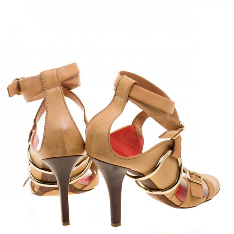 Pre Owned Celine Beige Leather Cross Ankle Wrap Sandals Size 39.5