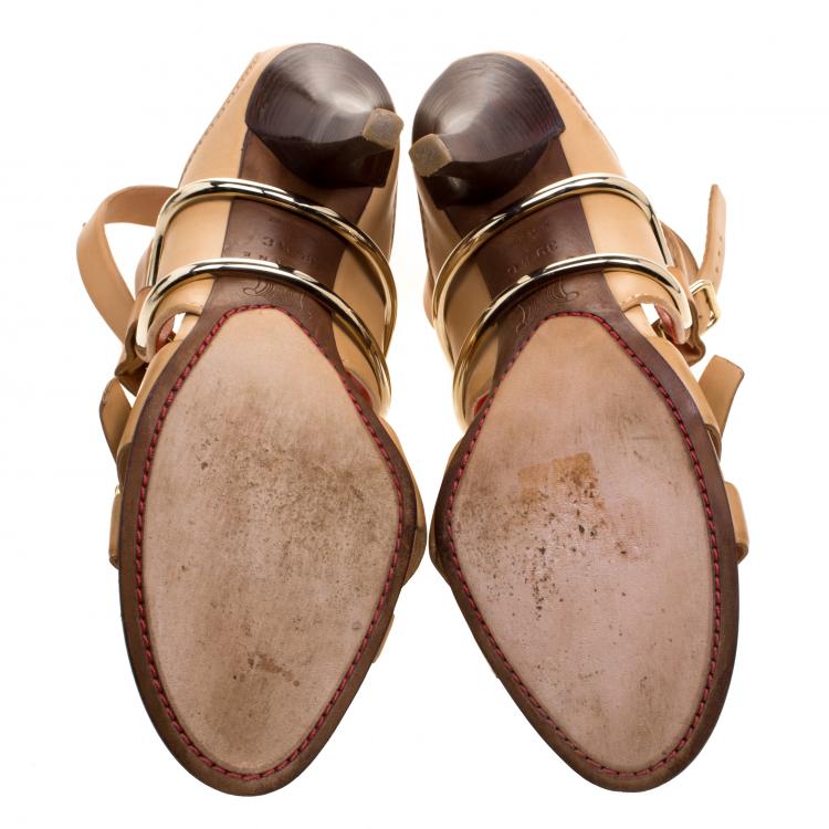 Pre Owned Celine Beige Leather Cross Ankle Wrap Sandals Size 39.5