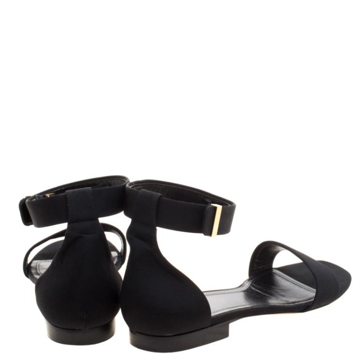 Pre Owned Celine Black Fabric Ankle Strap Flat Sandals Size 38