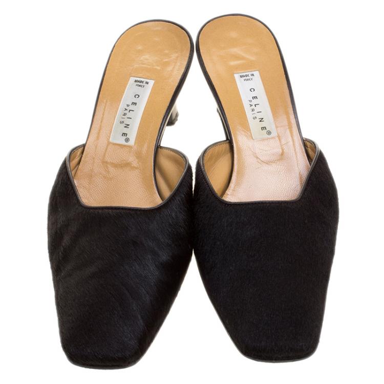Pre Owned Celine Black Pony Hair Square Toe Mules Size 37