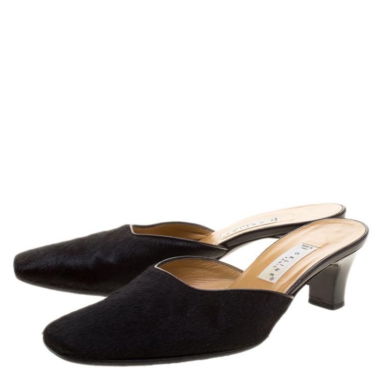 Pre Owned Celine Black Pony Hair Square Toe Mules Size 37